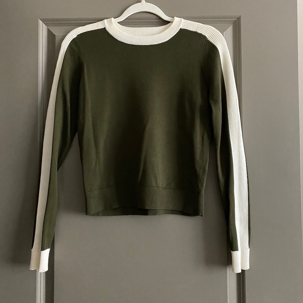Zara knit long sleeve olive sweater with striped sleeve